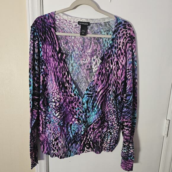 Lane Bryant Cardigan Sweater 18/20 Purple Leopard Button Up Cotton Preppy Artsy - Picture 1 of 5